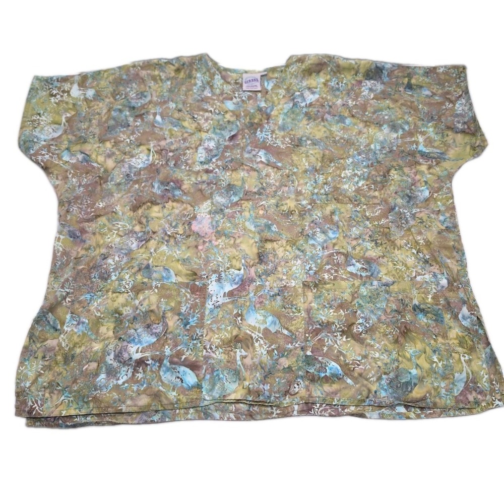 Ladies 2X Cotton Scrubs Top Peacock Pattern Scrubs Brand W/Extra Pocket